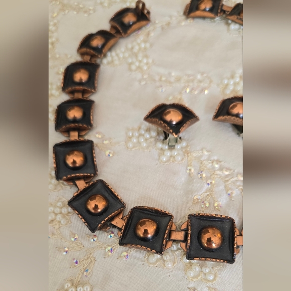 Renoir Necklace and Clip Earrings VINTAGE 1947 Copper Square Link heavy Rare - Picture 2 of 5